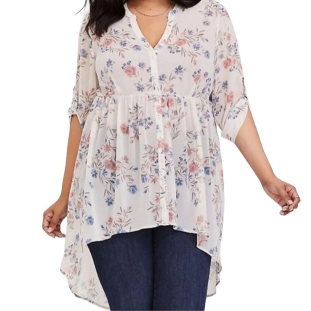 Torrid Cream floral hi-low tie-cuffs figure flattering sheer chiffon blouse